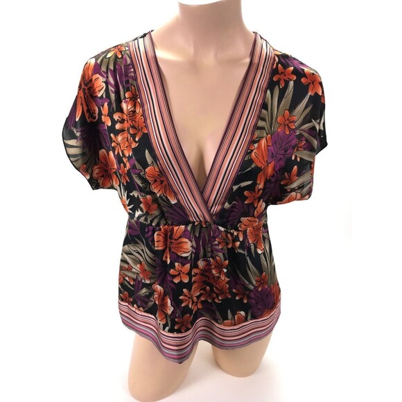 JM Collection Floral Flower Multi-Color V-Neck Blouse Shirt Womens Petite 10 P - Picture 1 of 6
